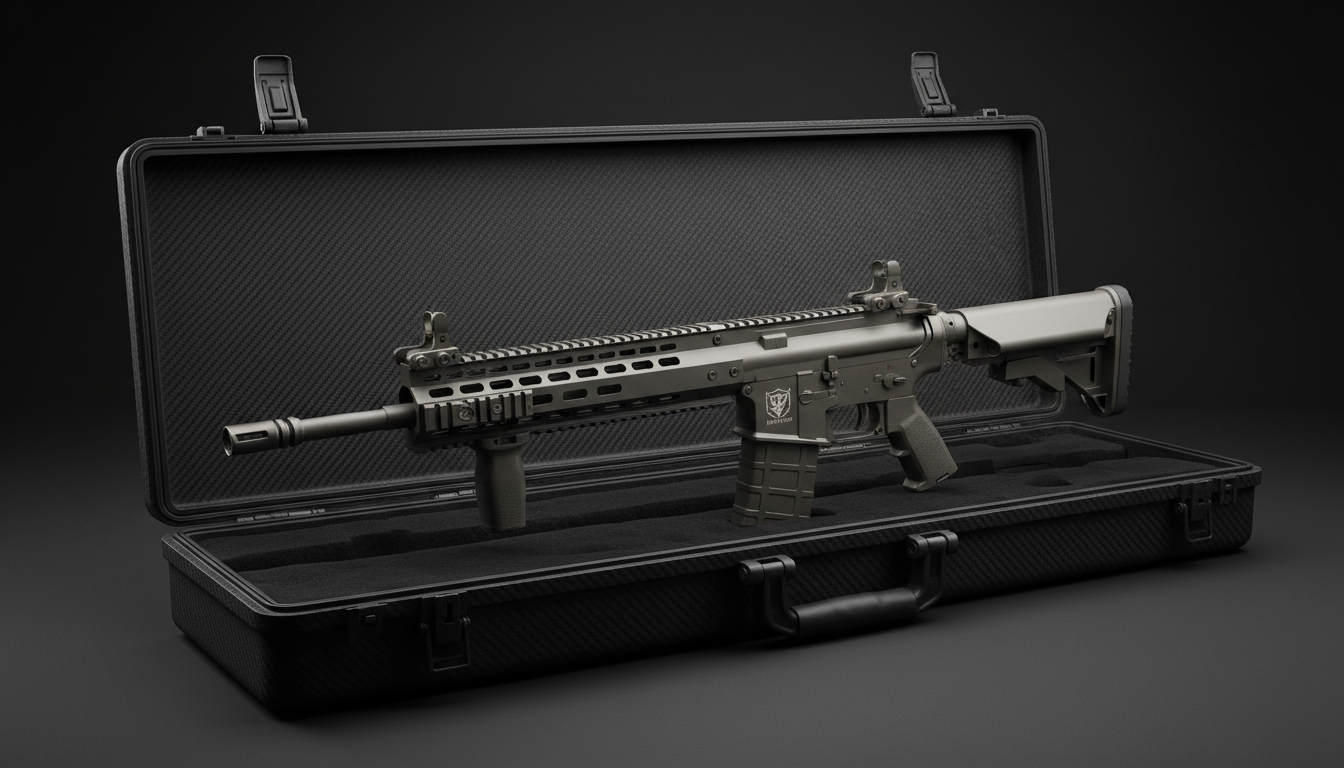 A luxurious display of tactical gear featuring a high-grade carbon fiber rifle case partially open to reveal a precision-forged assault rifle with matte metal finish, detailed rail systems, and laser-etched branding. The case rests on a seamless matte black surface, with a minimalist dark abstract backdrop devoid of distractions. Razor-sharp, high-contrast side lighting accentuates the angular geometry and textures, casting striking shadows that define each contour. The atmosphere is bold, authoritative, and modern, with exacting composition—rifle and case aligned along the rule of thirds. A photographic realism style captures the sophisticated, professional essence of elite tactical equipment.