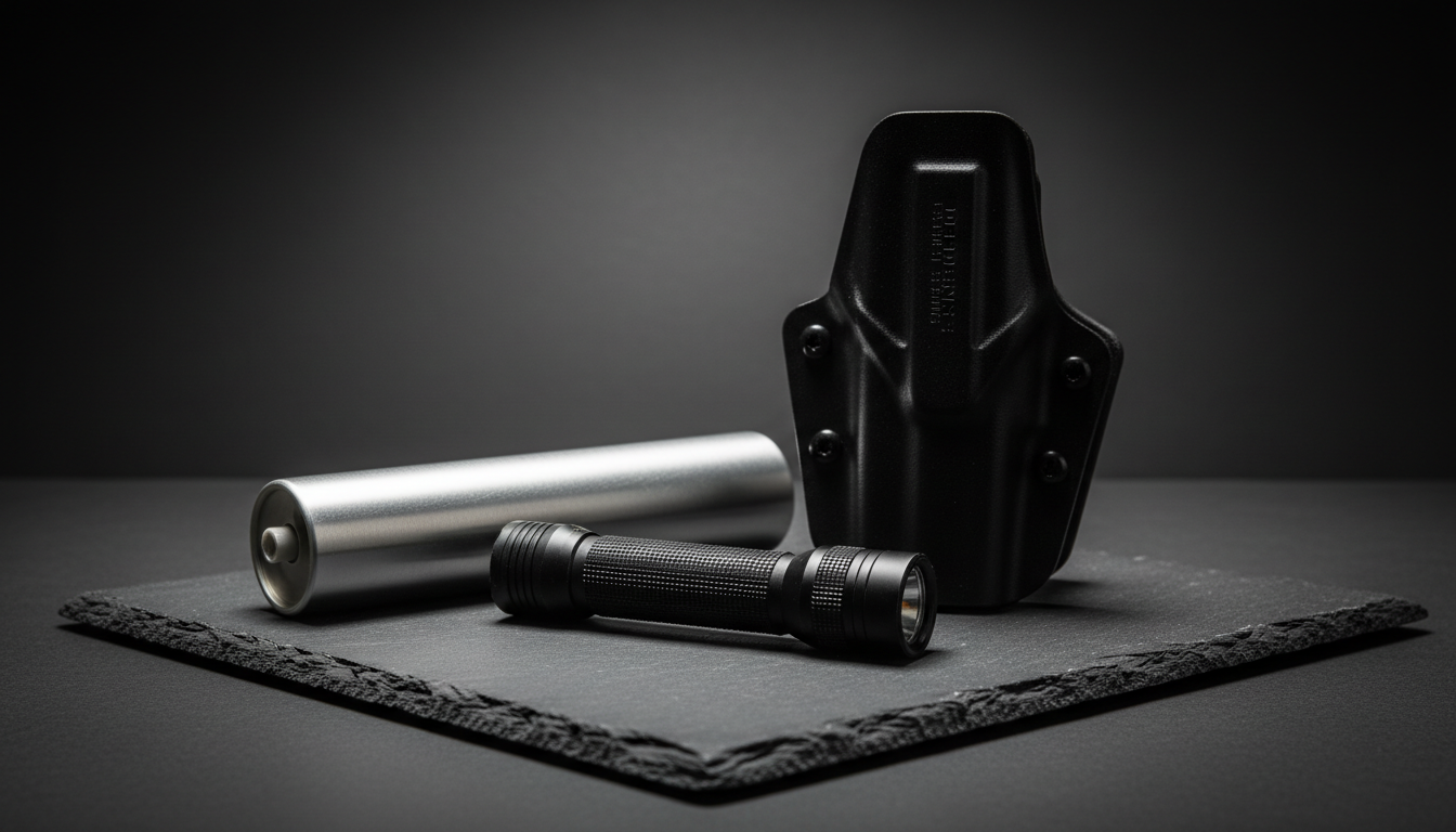 An array of personal defense accessories—including a sleek tactical flashlight with rugged knurled grip, compact pepper spray canister in brushed aluminum, and a reinforced polymer holster—precisely arranged on a textured slate surface. The background recedes into deep matte gray, heightening the minimalist aesthetic. A single intense overhead light casts hard-edged, clean shadows, pulling forward the unique textures and subtle branding. The overall feeling is dynamic, practical, and empowering, showcasing utility and dependability. Shot with shallow depth of field at an eye-level angle for approachable realism, the image emphasizes readiness and confidence.