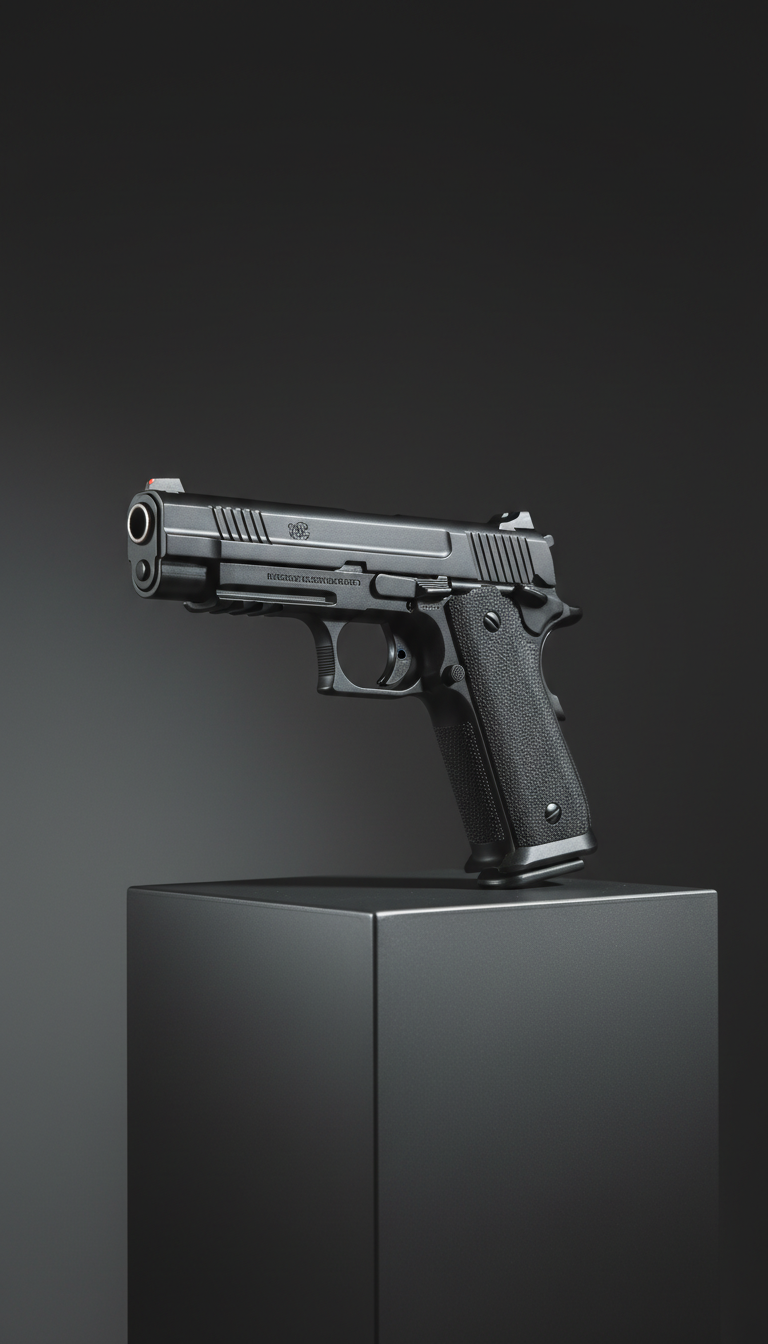 A premium matte black semi-automatic handgun meticulously arranged atop a faultless, deep gray steel display podium with minimalist lines, set against a smooth, charcoal-colored background. Sharp directional lighting from the left casts crisp, dramatic shadows that outline the pistol’s ergonomic grip, precision-machined slide, and subtle manufacturer engravings. The hyper-realistic details highlight the textured polymer frame and brushed steel accents, emphasizing the craftsmanship and reliability. The mood is bold and intensely focused, exuding confidence. Captured at a three-quarter angle and centered in the frame for maximum impact, with acute sharpness throughout and a minimalist photographic style, this image establishes trust and quality for a leading gun store.